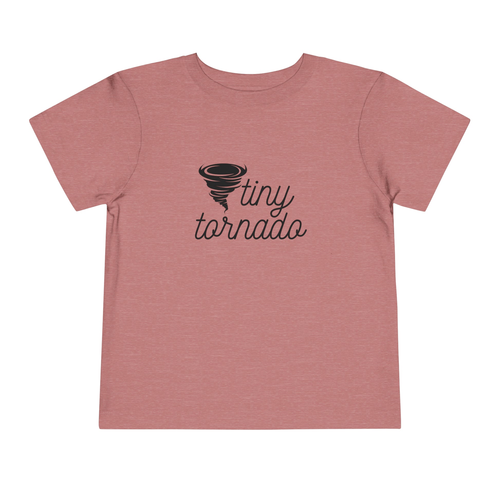 Comfortable funny graphic toddler tee stating 'Tiny Tornado' in color heather mauve