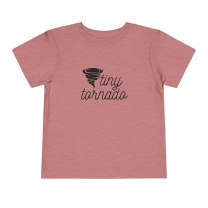 Comfortable funny graphic toddler tee stating 'Tiny Tornado' in color heather mauve