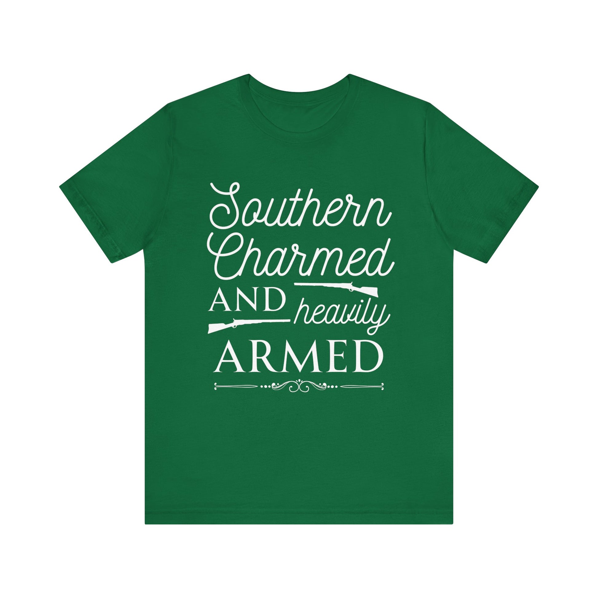 Adult unisex t-shirt stating 'Southern Charmed and Heavily Armed' in color kelly