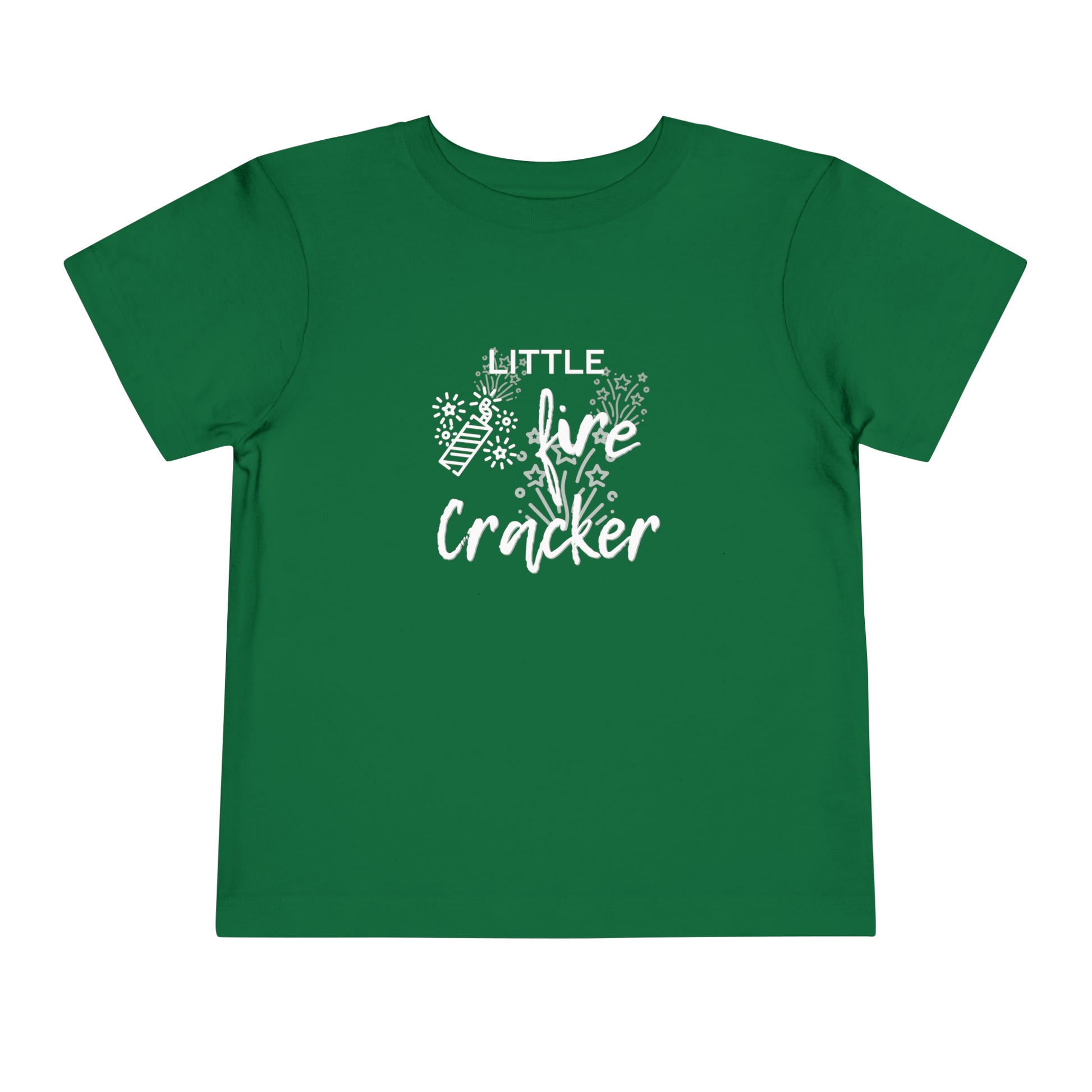 Comfortable funny graphic toddler tee stating 'Little Fire Cracker' in color kelly