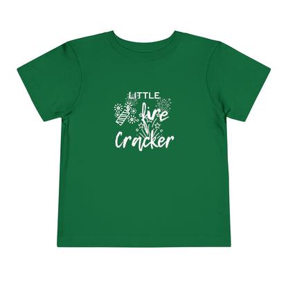 Comfortable funny graphic toddler tee stating 'Little Fire Cracker' in color kelly