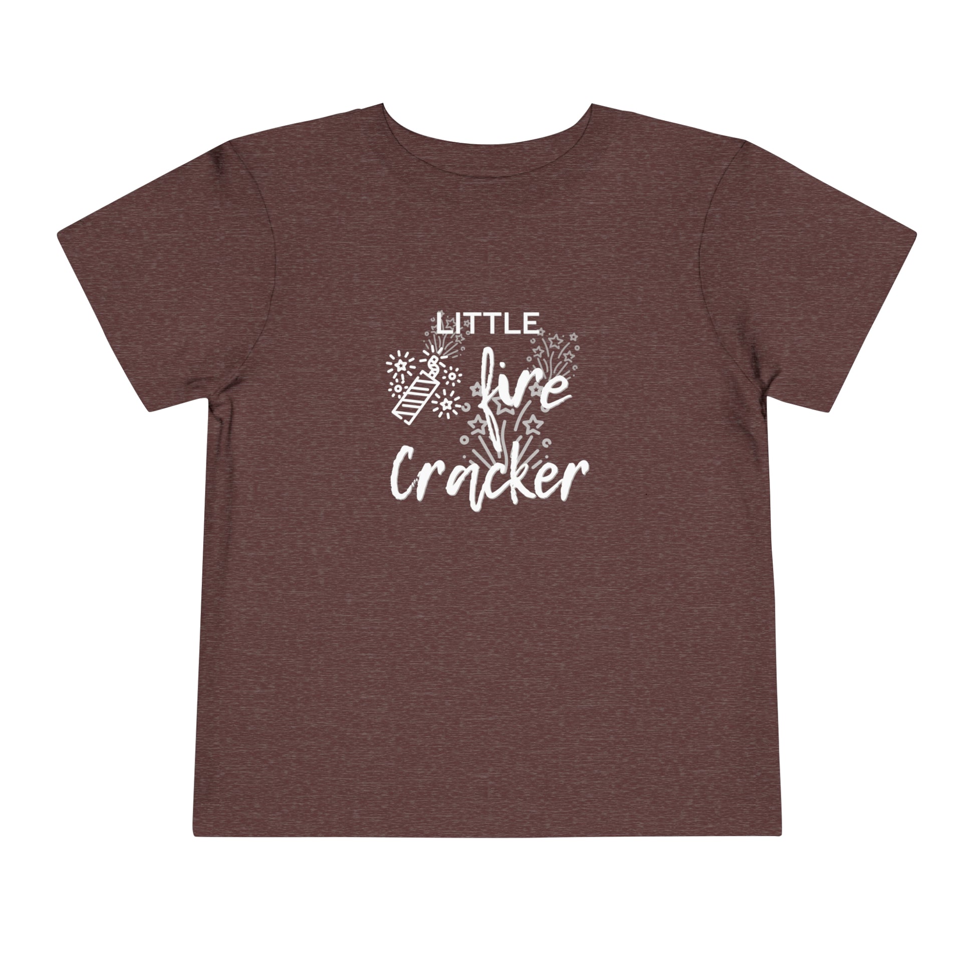 Comfortable funny graphic toddler tee stating 'Little Fire Cracker' in color maroon heather