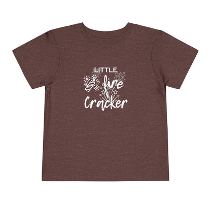 Comfortable funny graphic toddler tee stating 'Little Fire Cracker' in color maroon heather