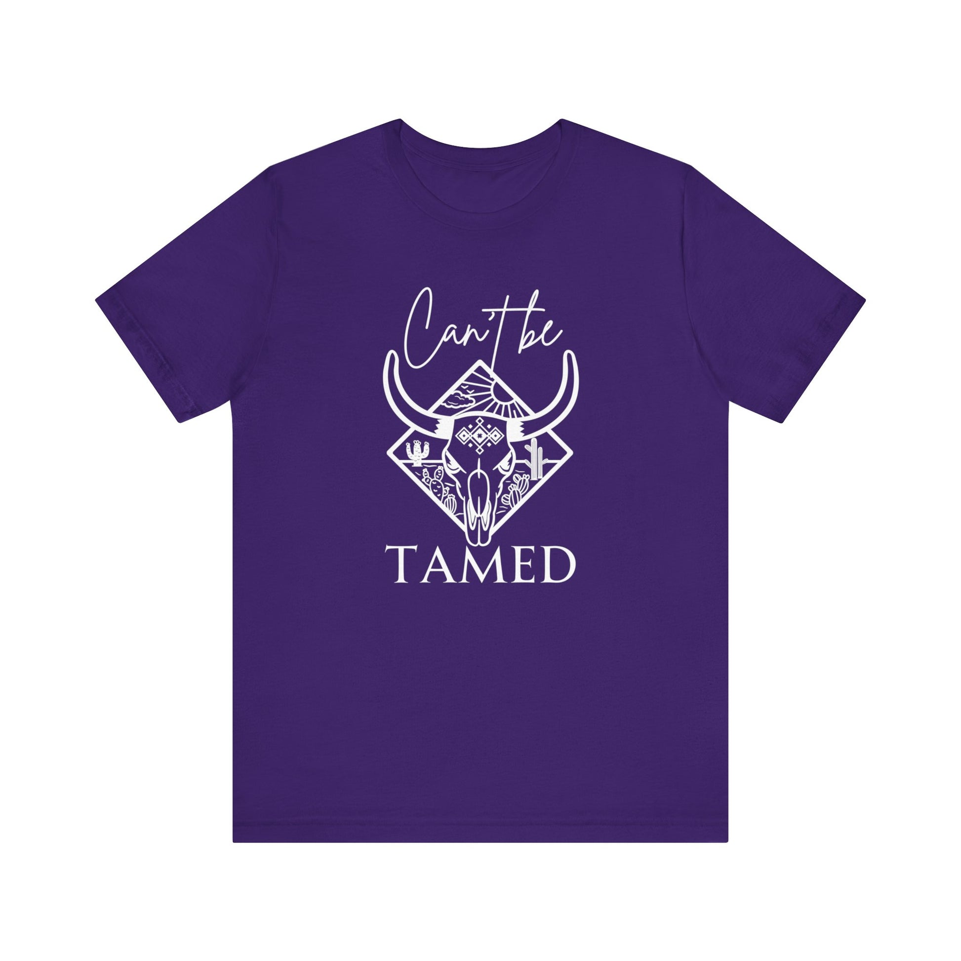 Comfortable Unisex T-Shirt stating 'Can't Be Tamed' in color team purple