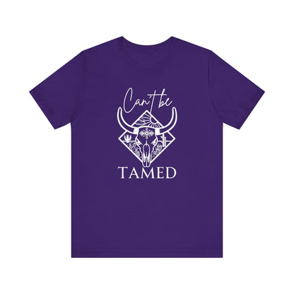 Comfortable Unisex T-Shirt stating 'Can't Be Tamed' in color team purple