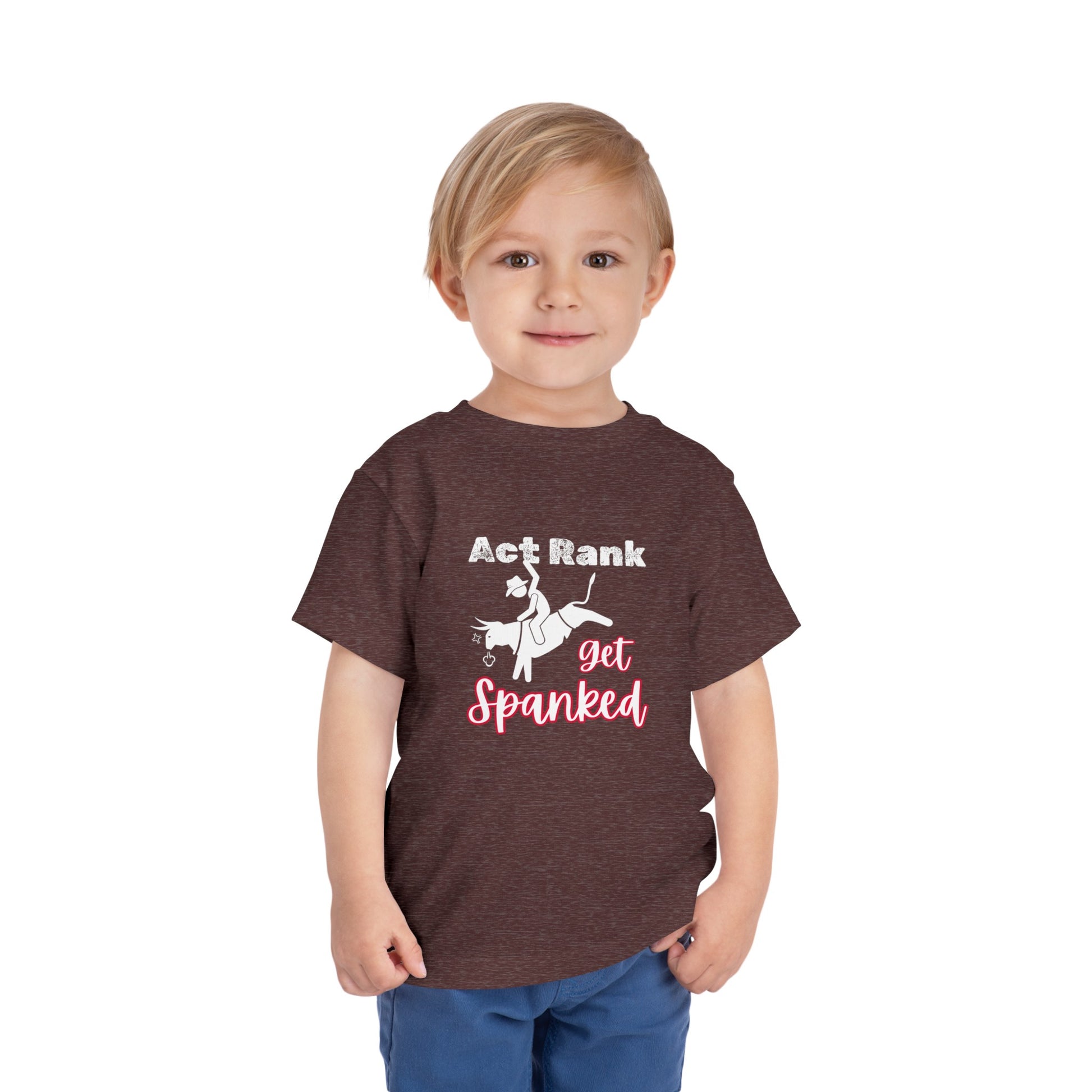 Comfortable Southern Toddler Tee stating 'Act Rank Get Spanked' in color heather maroon