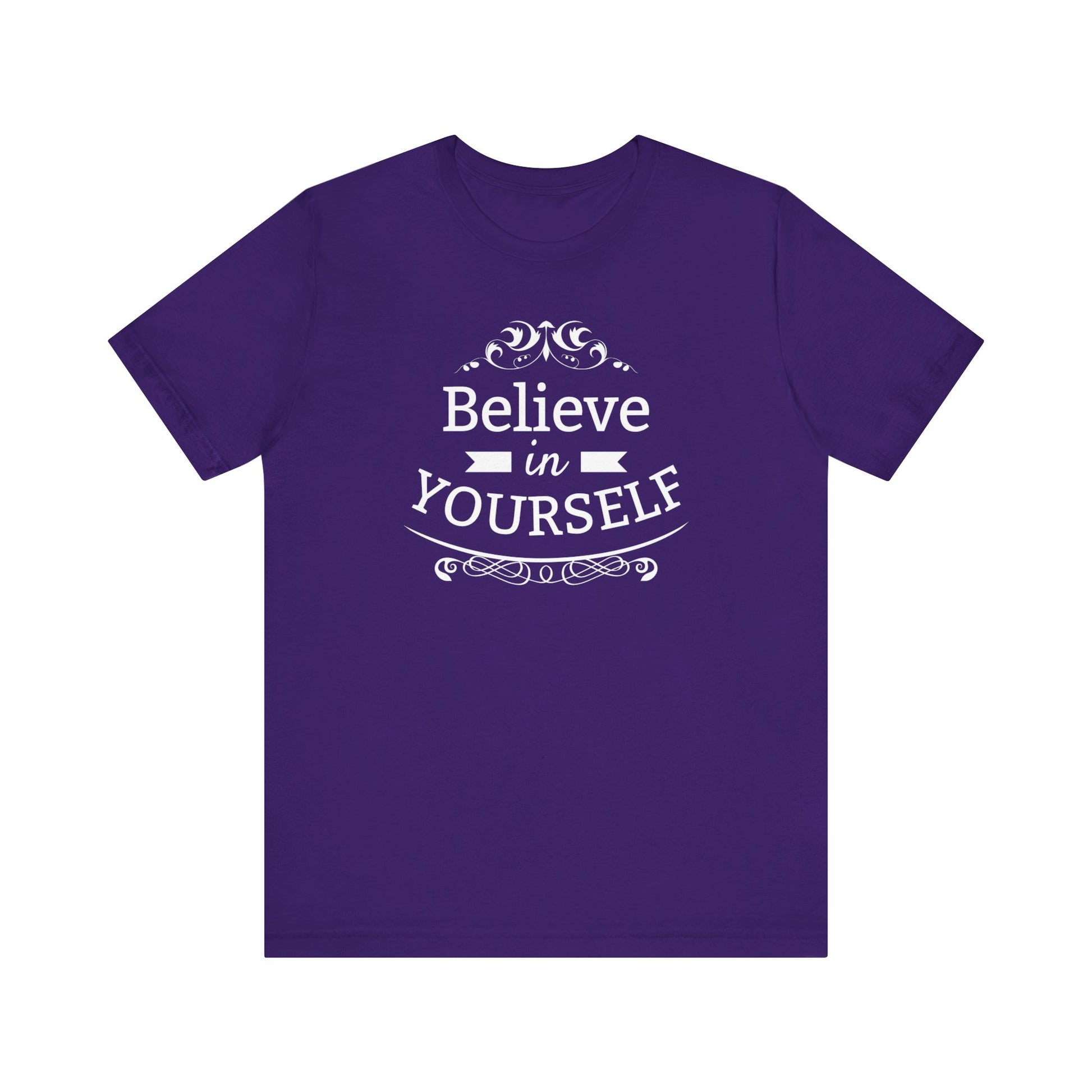 A comfortable graphic t-shirt stating 'Believe in Yourself' in color purple