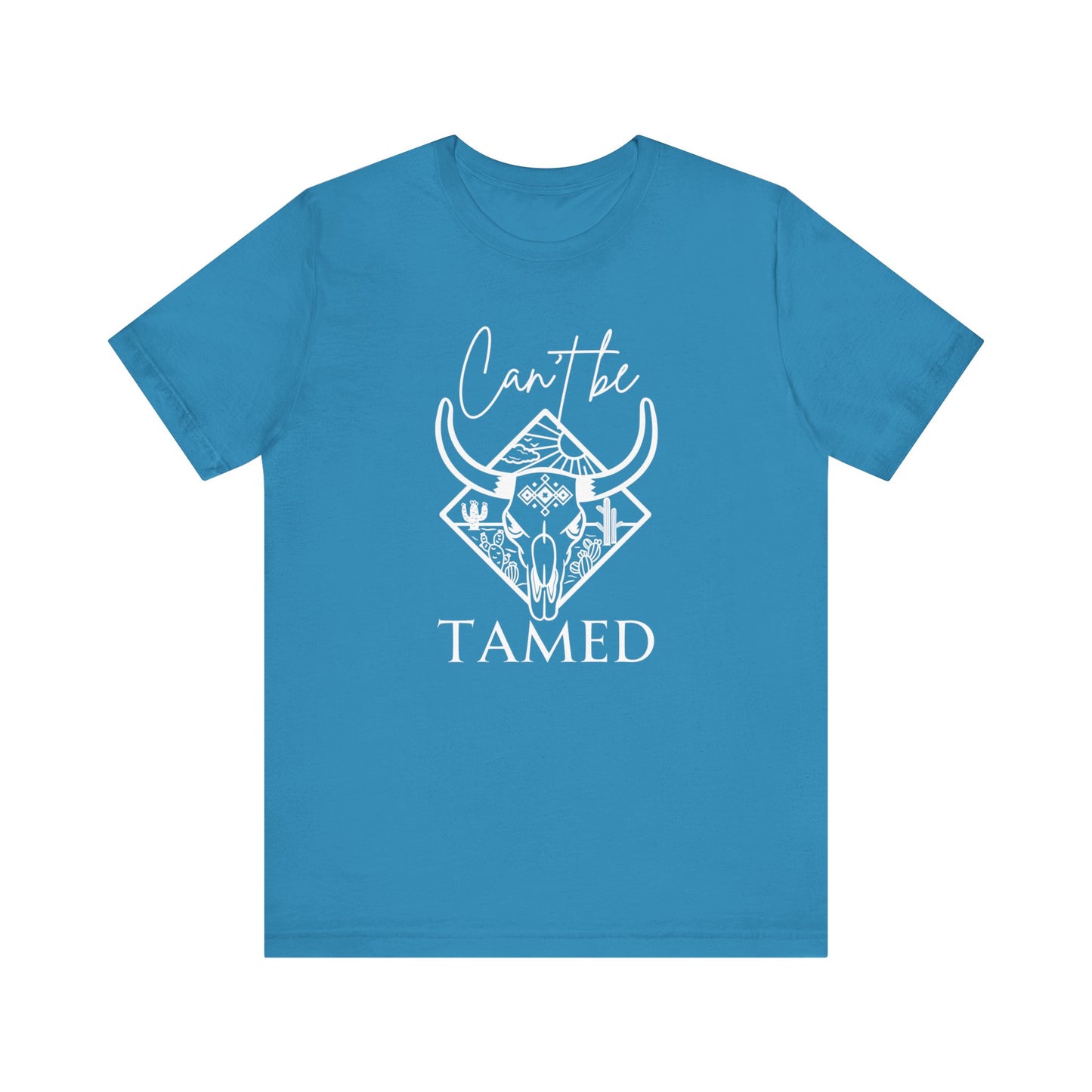 Comfortable Unisex T-Shirt stating 'Can't Be Tamed' in color aqua