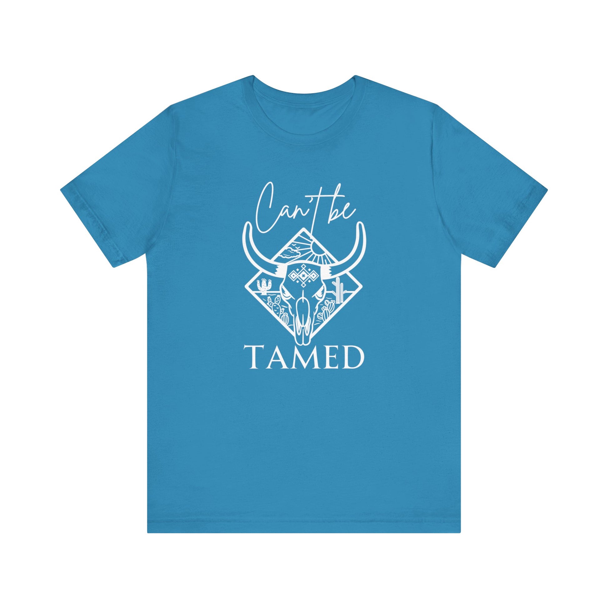 Comfortable Unisex T-Shirt stating 'Can't Be Tamed' in color aqua