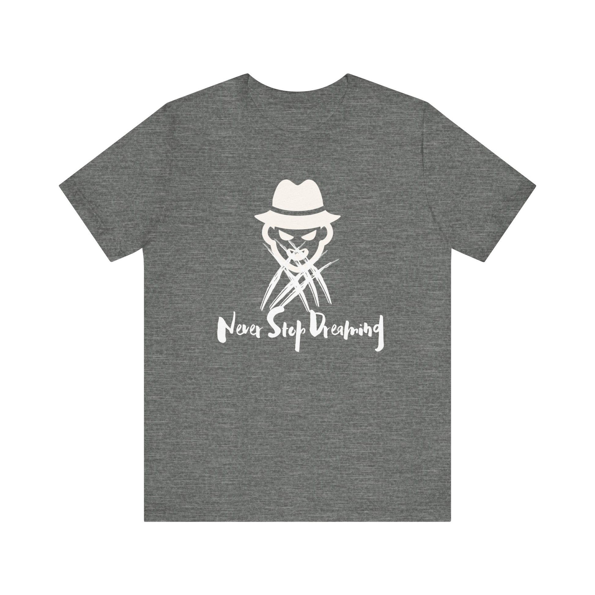 Comfortable Halloween unisex tee with Freddy Kruegar that states 'Never Stop Dreaming' in color deep heather