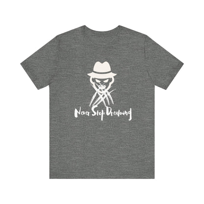 Comfortable Halloween unisex tee with Freddy Kruegar that states 'Never Stop Dreaming' in color deep heather