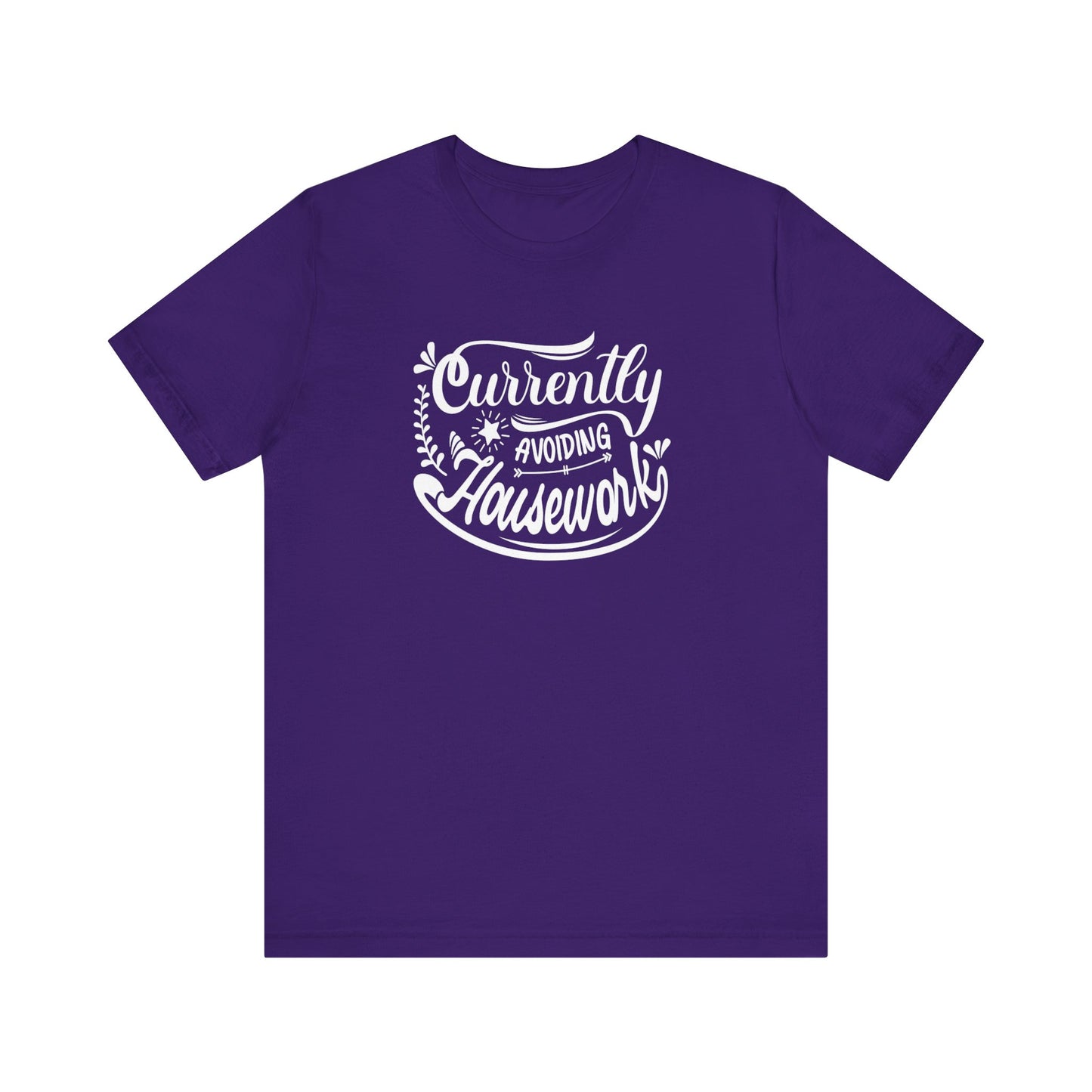 Graphic t-shirt stating 'Currently Avoiding Housework' in color purple