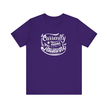 Graphic t-shirt stating 'Currently Avoiding Housework' in color purple