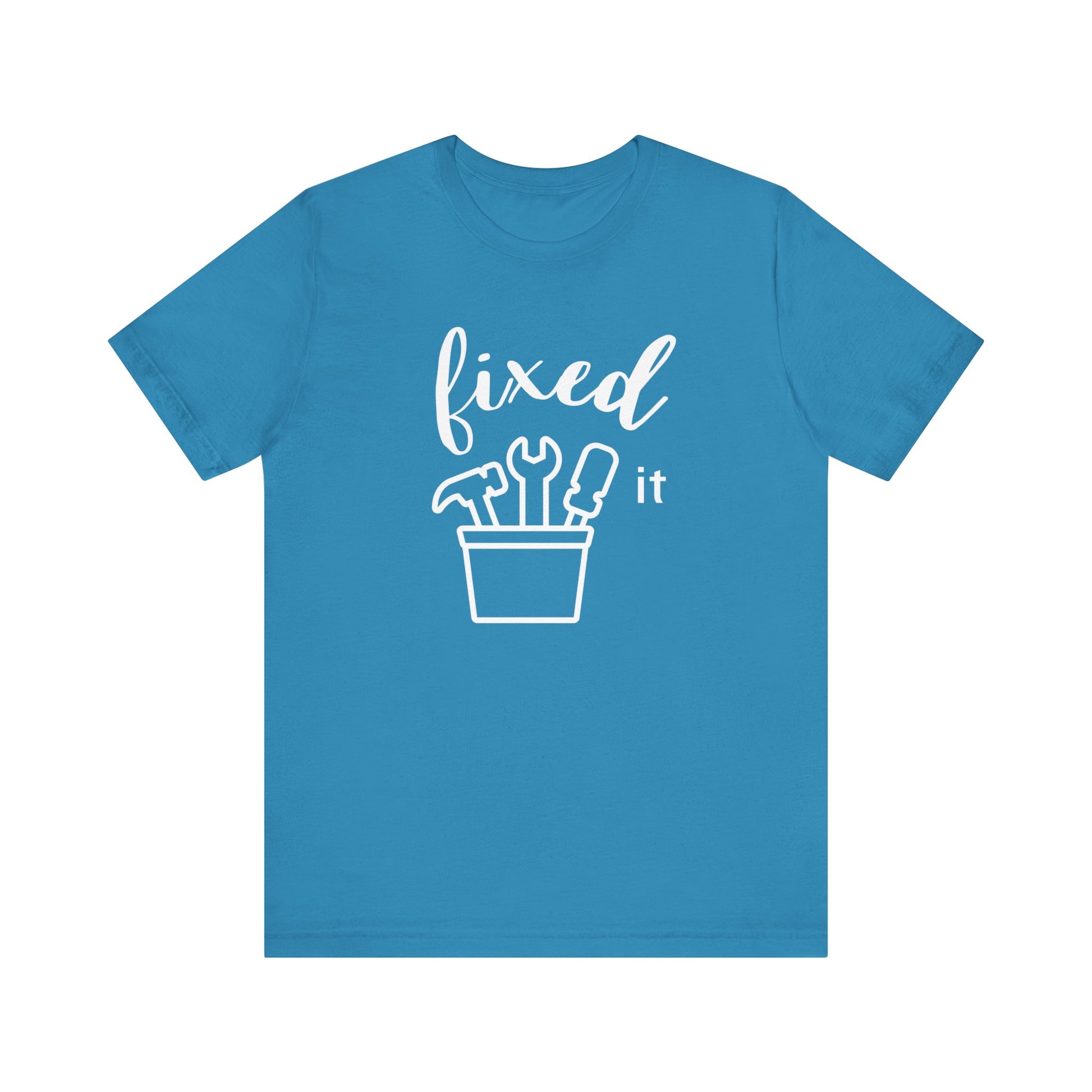 Adult graphic tee stating 'Fixed It' in color aqua