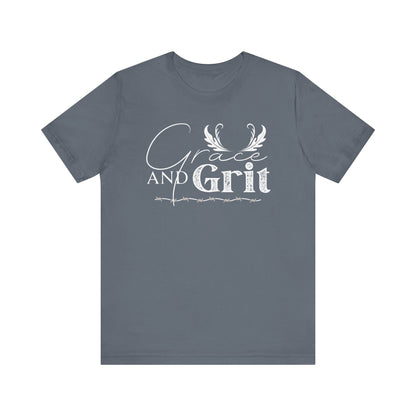 Comfortable southern tee stating 'Grace and Grit' in color steel blue