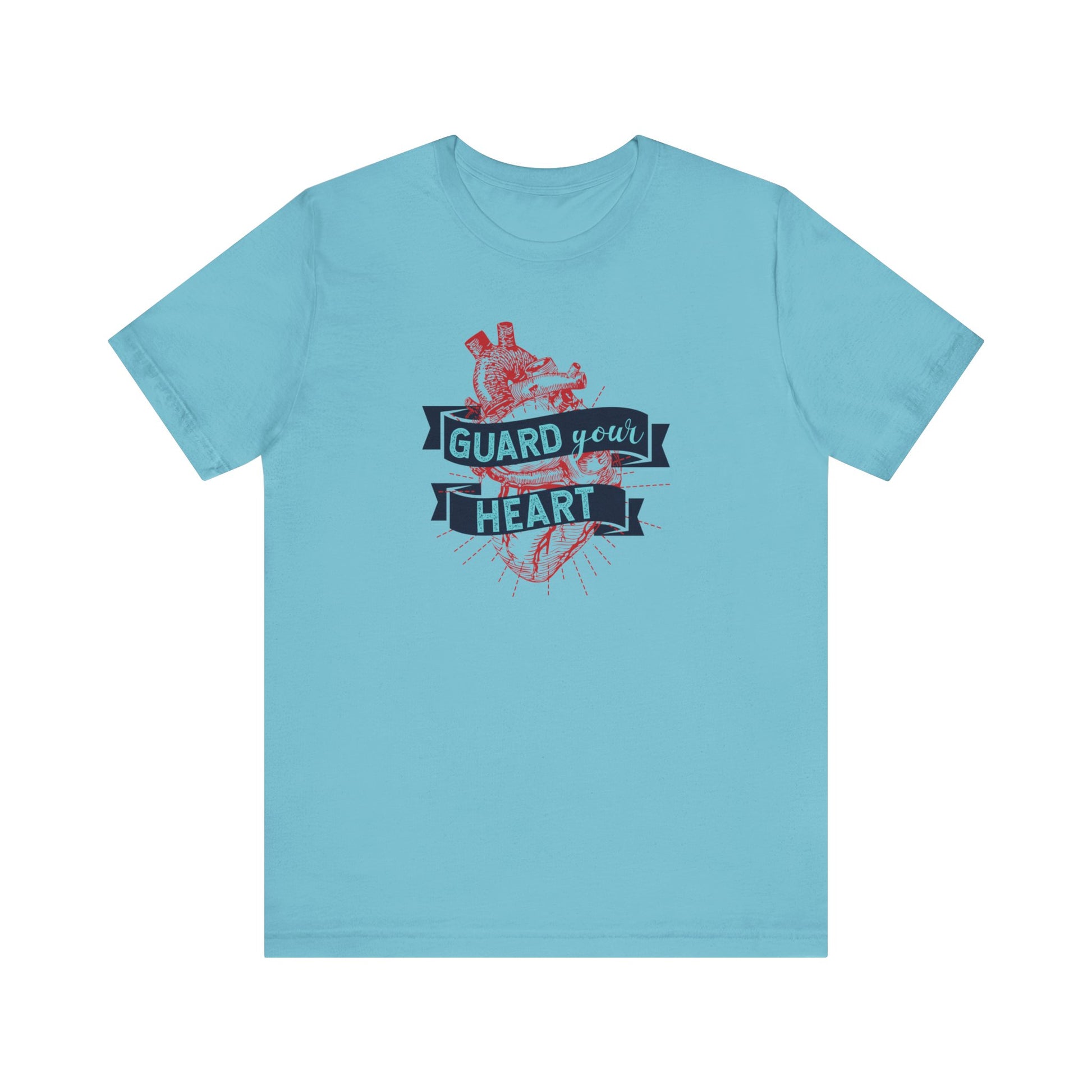 A cotton graphic tee stating 'Guard Your Heart' in color turquoise
