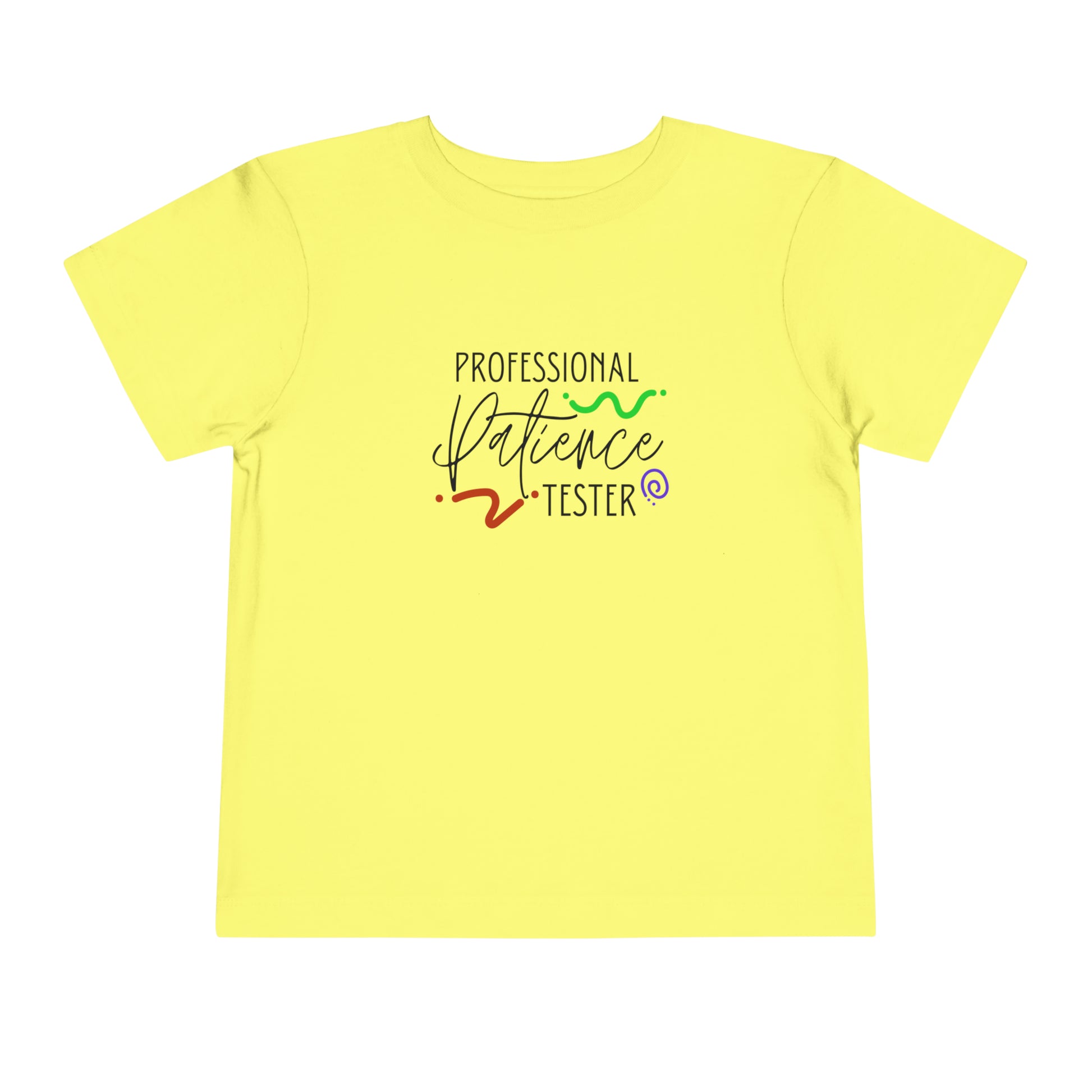 Comfortable funny graphic toddler tee stating 'Professional Patience Tester' in color  yellow
