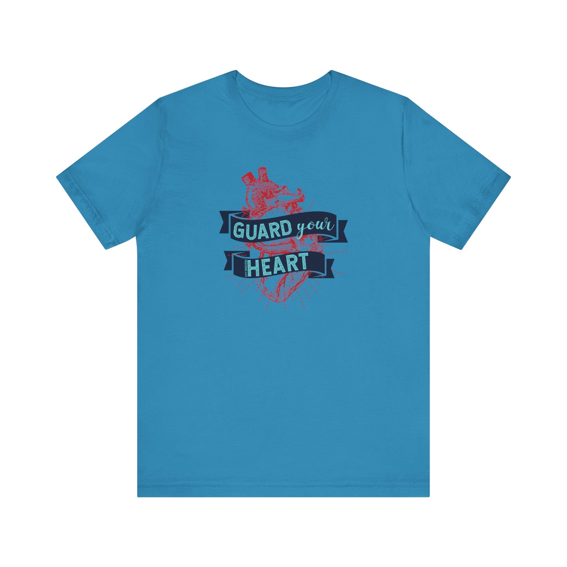 A cotton graphic tee stating 'Guard Your Heart' in color aqua