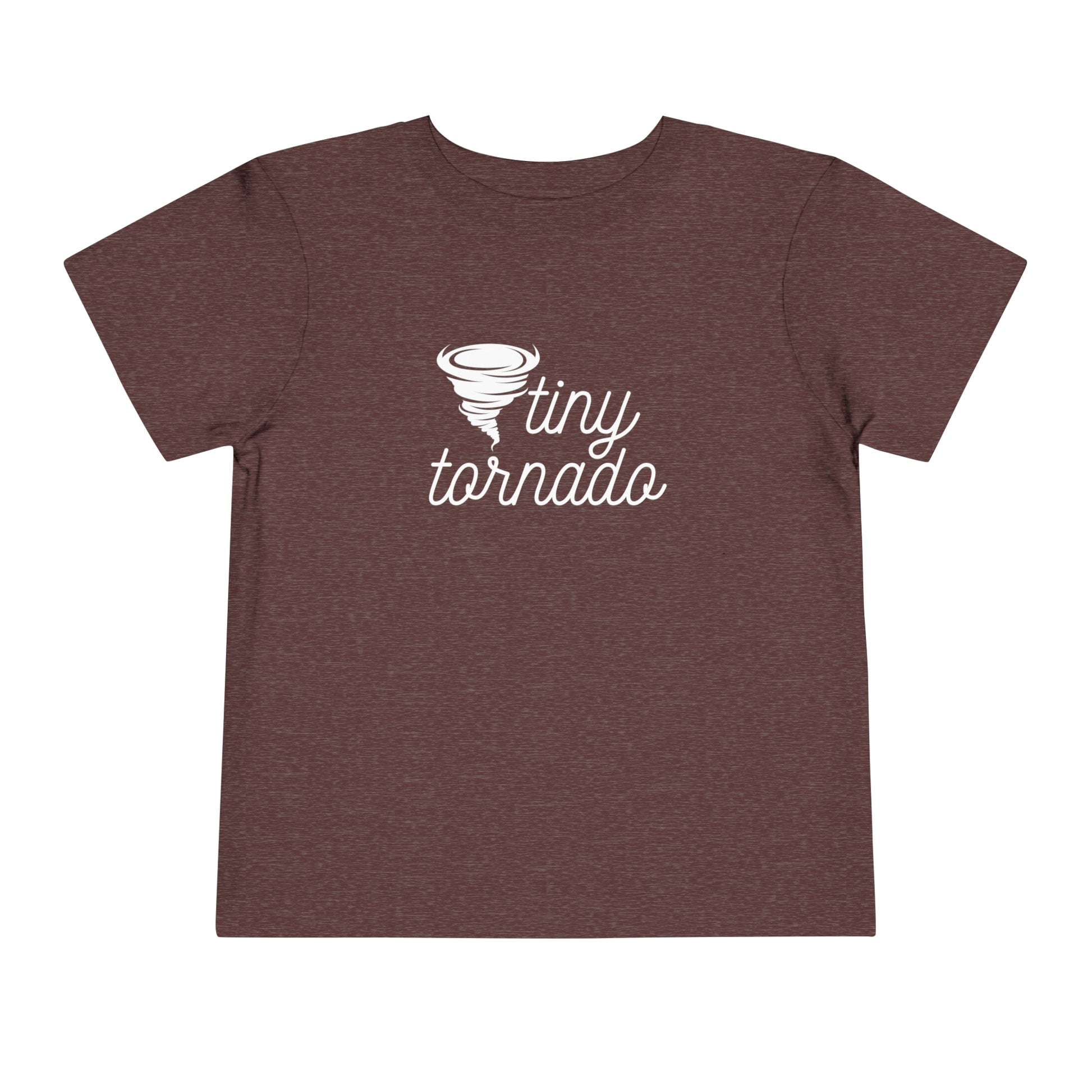 Comfortable funny graphic toddler tee stating 'Tiny Tornado' in color heather maroon
