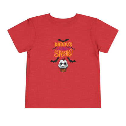 Toddler Halloween shirt stating 'Daddy's Little Spooky' in color heather red