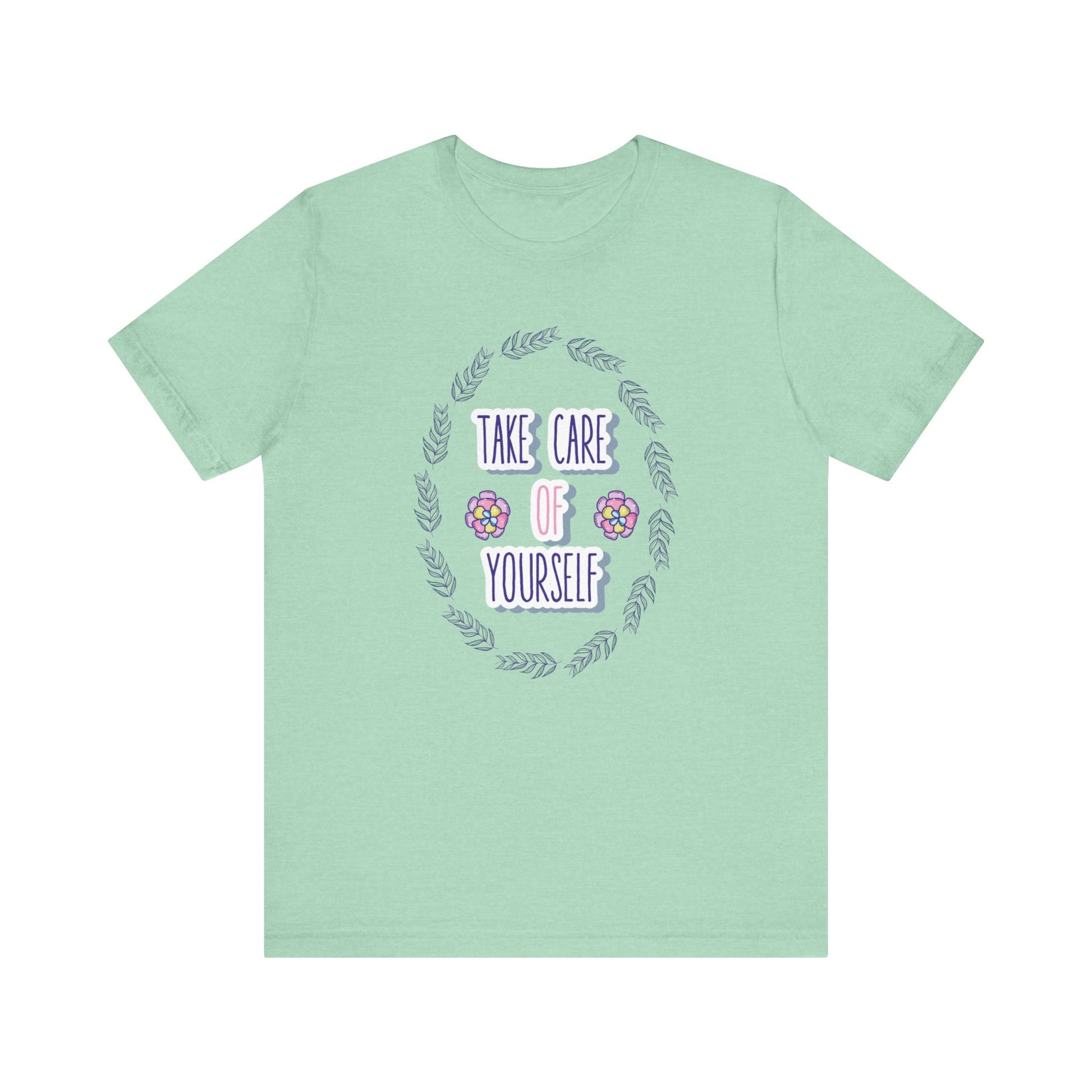 Woman's good vibe graphic tee stating 'Take Care of Yourself' in color mint athletic
