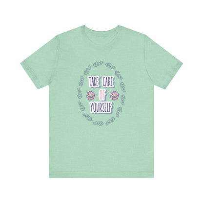 Woman's good vibe graphic tee stating 'Take Care of Yourself' in color mint athletic