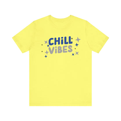 Cotton graphic tee stating 'Chill Vibes' in color yellow