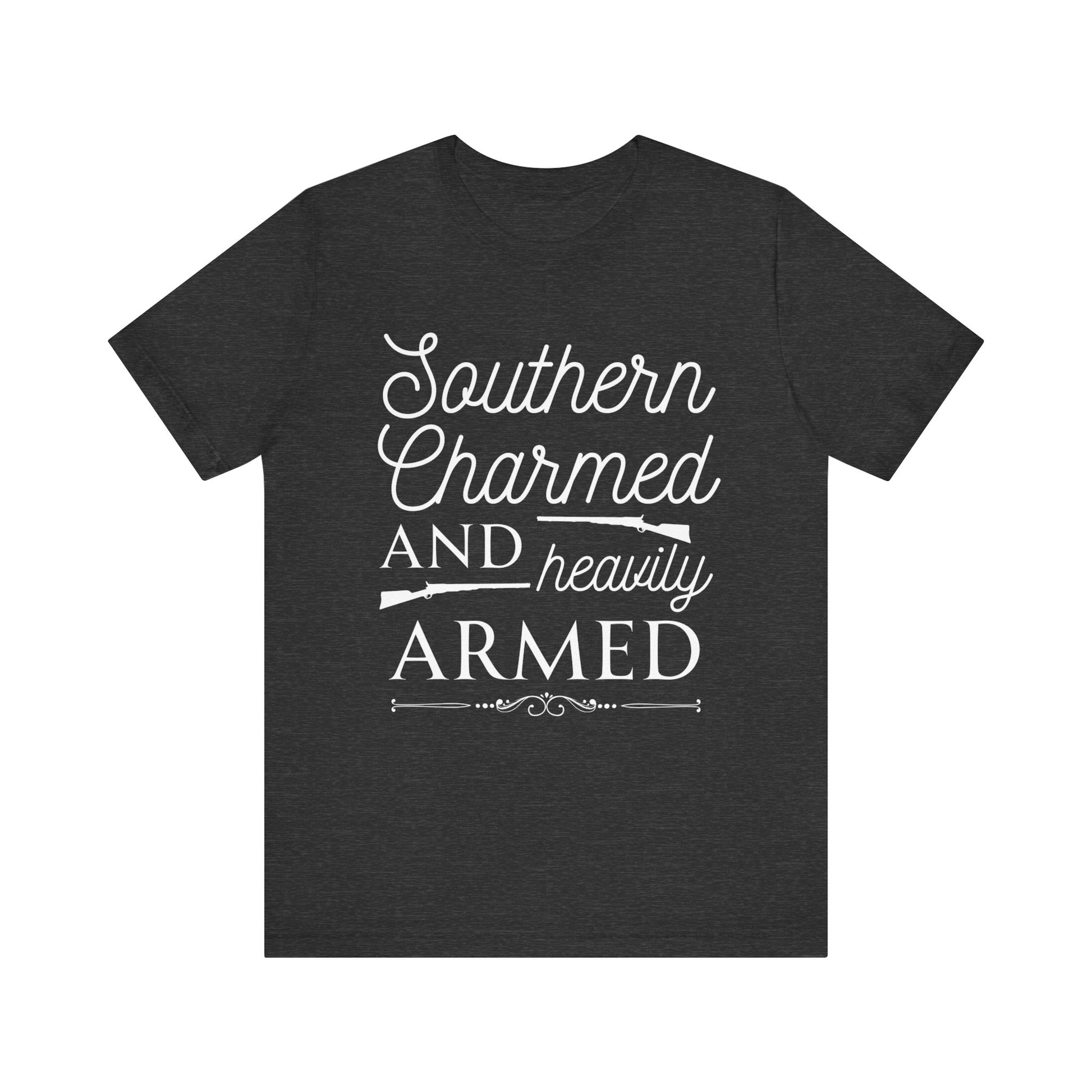 Adult unisex t-shirt stating 'Southern Charmed and Heavily Armed' in color dark grey heather
