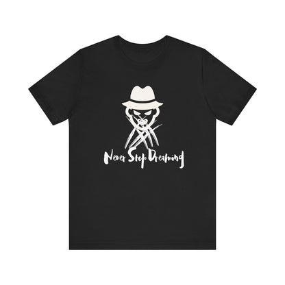 Comfortable Halloween unisex tee with Freddy Kruegar that states 'Never Stop Dreaming' in color black