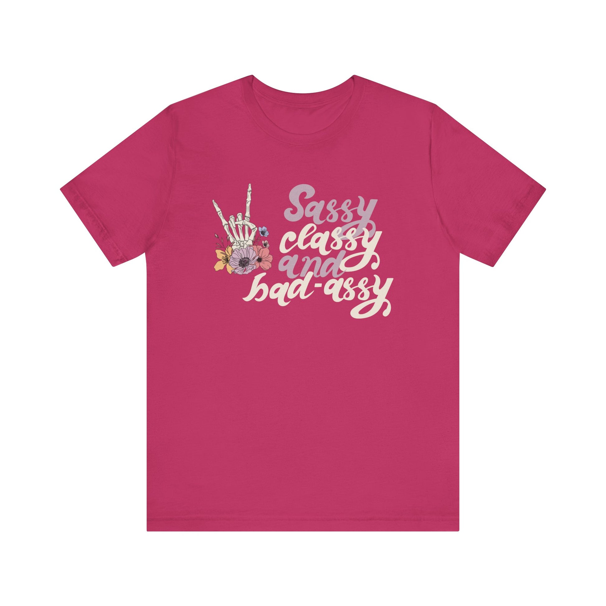 Women's graphic adult humor tee stating 'Sassy Classy and Bad-Assy' in color berry