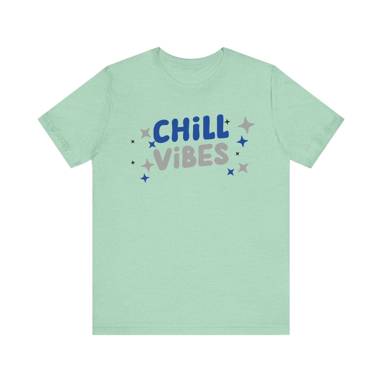 Cotton graphic tee stating 'Chill Vibes' in color mint heather