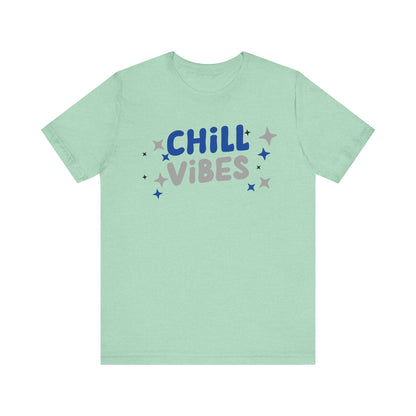 Cotton graphic tee stating 'Chill Vibes' in color mint heather