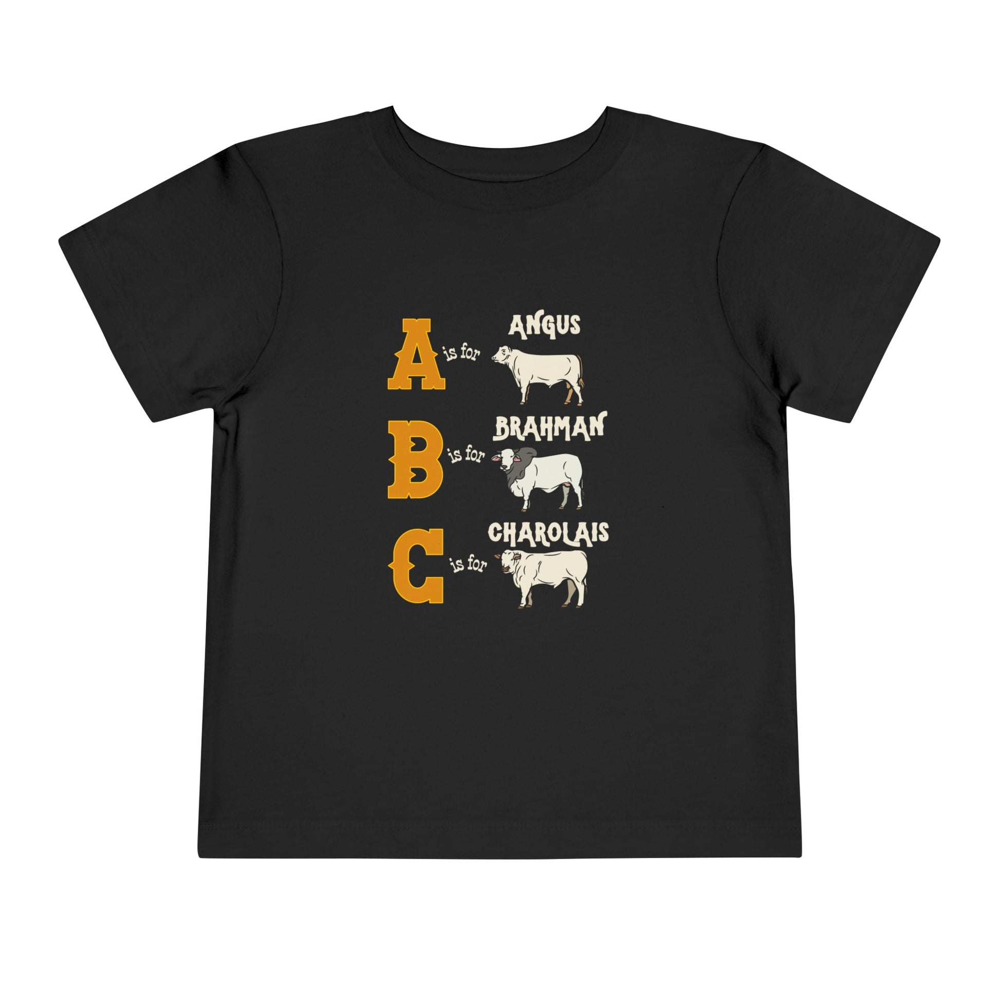 Comfy southern toddler tee stating 'A is for Angus. B is for Brahman. C is for Charolais.' in color black
