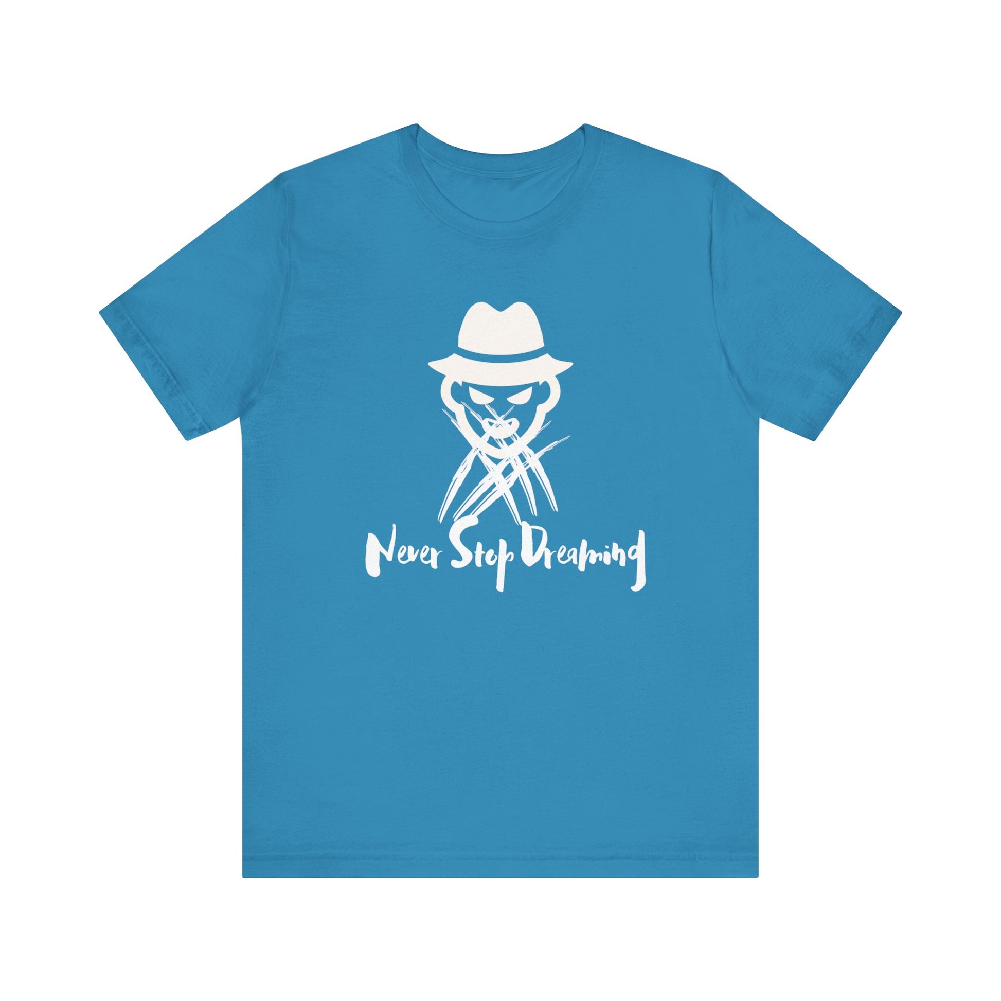 Comfortable Halloween unisex tee with Freddy Kruegar that states 'Never Stop Dreaming' in color aqua