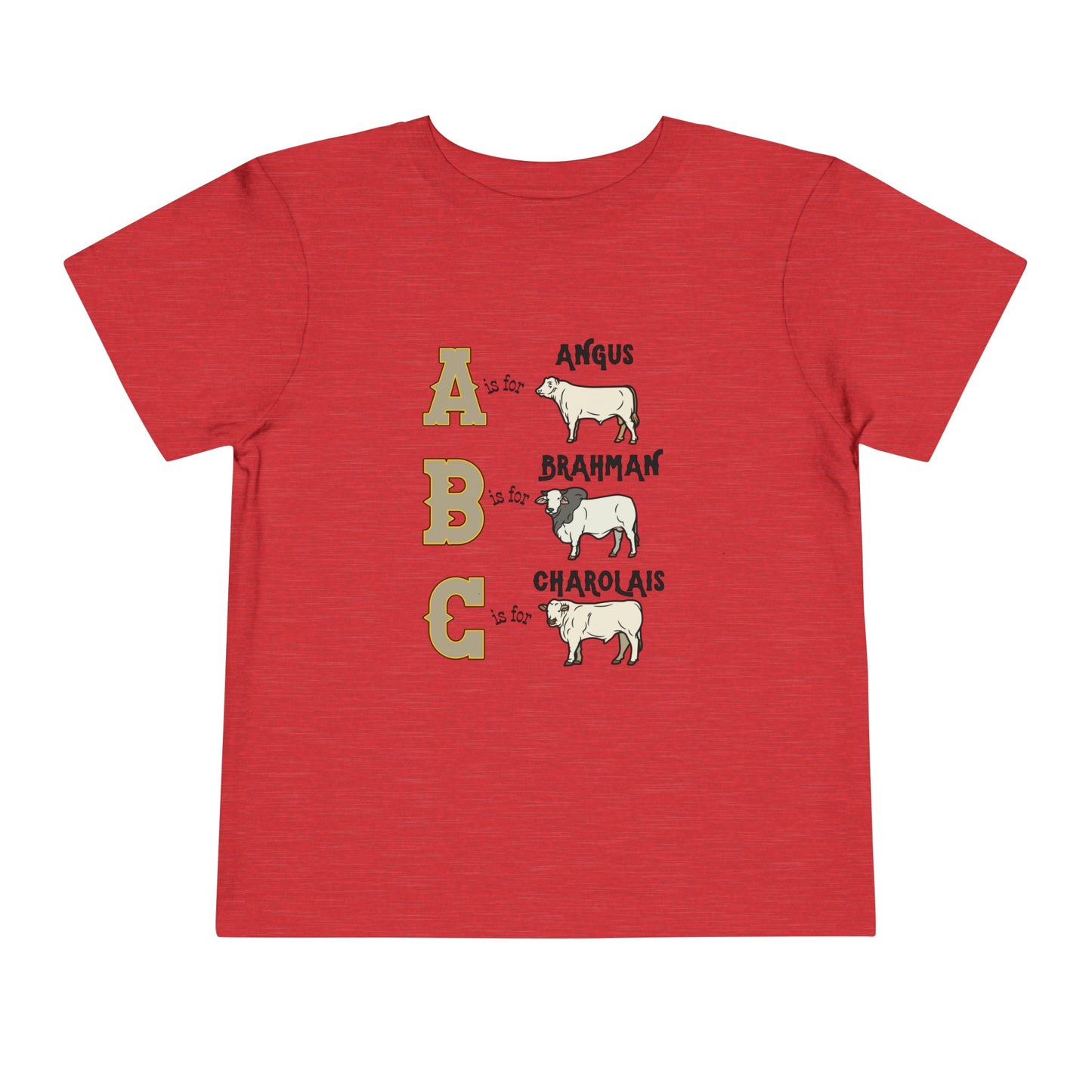 Comfy southern toddler tee stating 'A is for Angus. B is for Brahman. C is for Charolais.' in color heather red