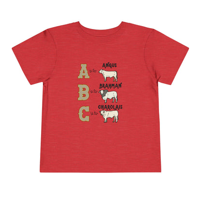 Comfy southern toddler tee stating 'A is for Angus. B is for Brahman. C is for Charolais.' in color heather red