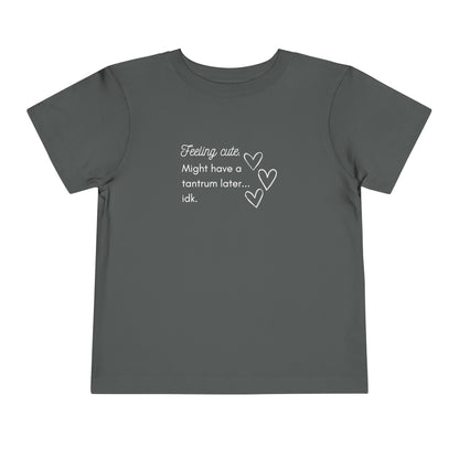 Comfortable funny graphic toddler tee stating 'Feeling cute. Might have a tantrum later...idk' in color asphalt