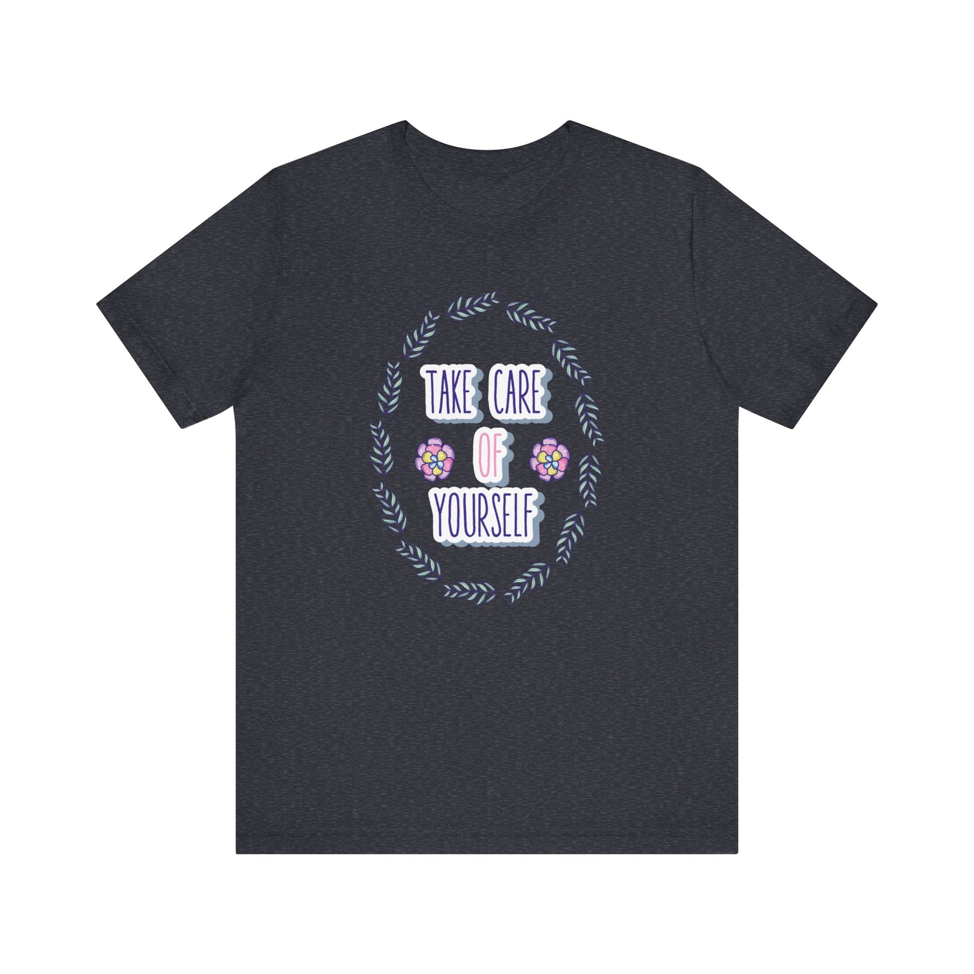 Woman's good vibe graphic tee stating 'Take Care of Yourself' in color navy heather