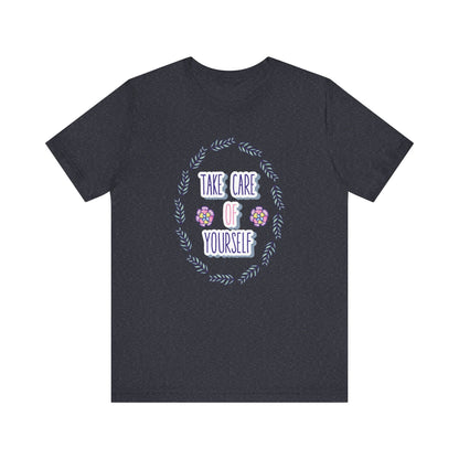 Woman's good vibe graphic tee stating 'Take Care of Yourself' in color navy heather