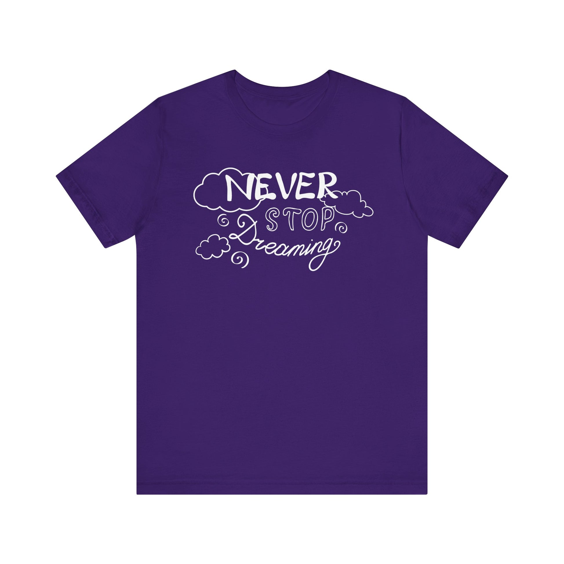 Good vibes women's tee stating 'Never Stop Dreaming' in color purple