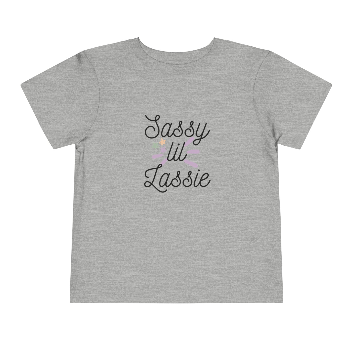 Comfortable funny graphic toddler tee stating 'Sassy Lil Lassie' in color  athletic heather
