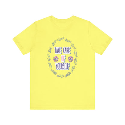 Woman's good vibe graphic tee stating 'Take Care of Yourself' in color yellow