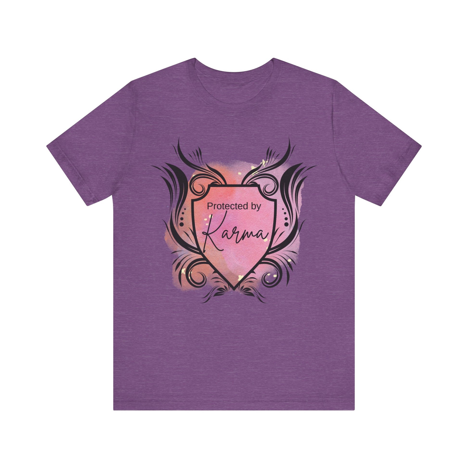 graphic tee stating Protected By Karma in color purple heather