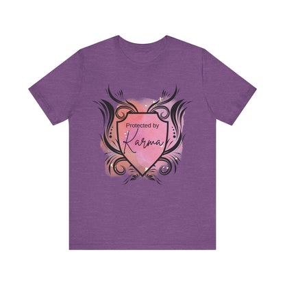 graphic tee stating Protected By Karma in color purple heather