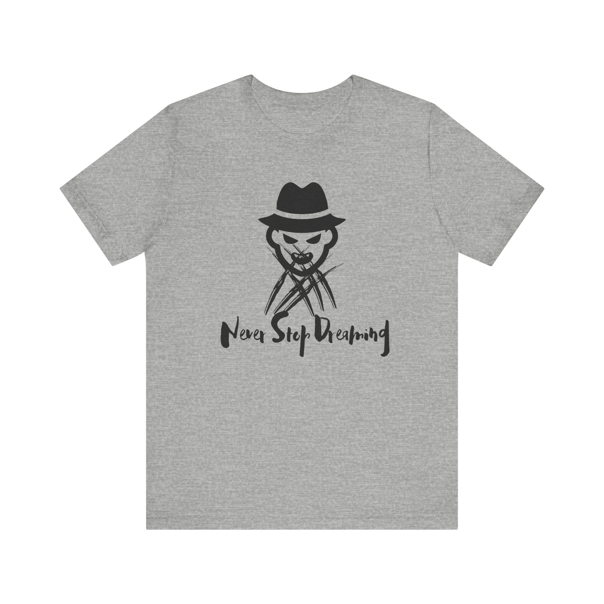 Comfortable Halloween unisex tee with Freddy Kruegar that states 'Never Stop Dreaming' in color athletic heather