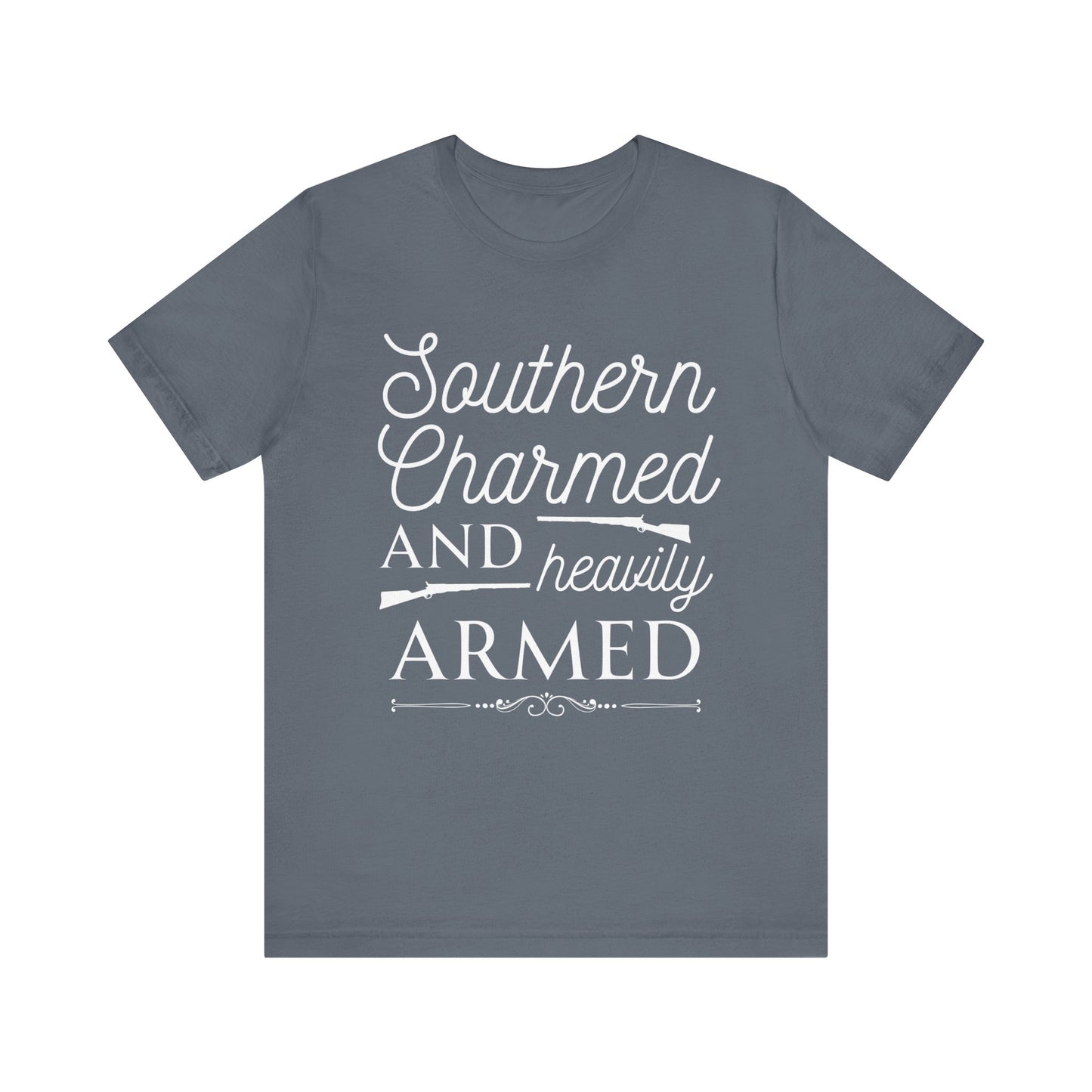 Adult unisex t-shirt stating 'Southern Charmed and Heavily Armed' in color steel blue
