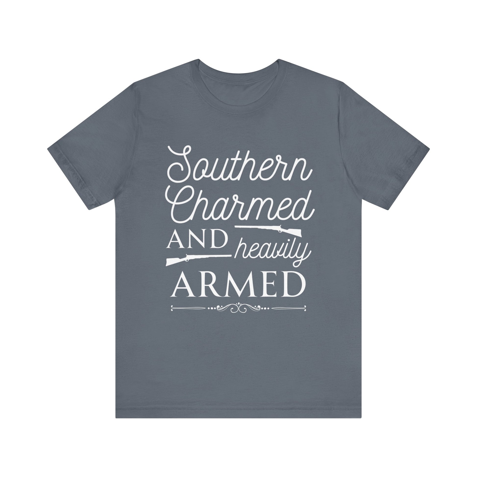 Adult unisex t-shirt stating 'Southern Charmed and Heavily Armed' in color steel blue