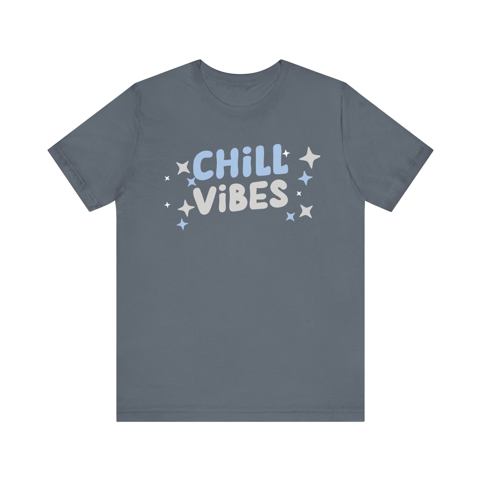 Cotton graphic tee stating 'Chill Vibes' in color steel blue