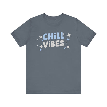 Cotton graphic tee stating 'Chill Vibes' in color steel blue