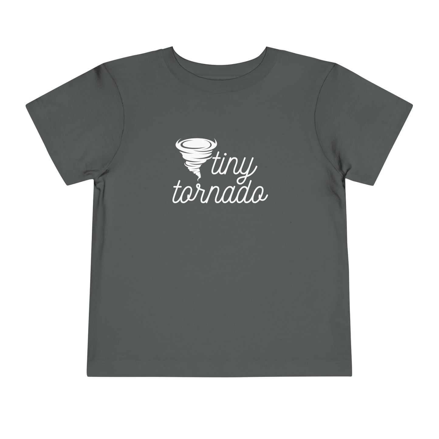 Comfortable funny graphic toddler tee stating 'Tiny Tornado' in color asphalt